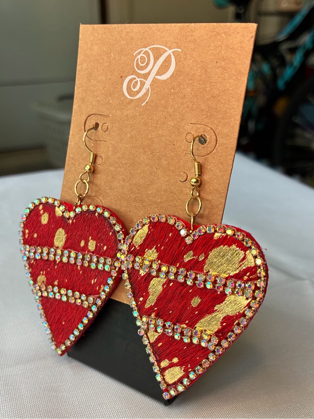 Red Faux Pony Hair Gold Splatter Heart Statement Earrings Rhinestone Border Boho